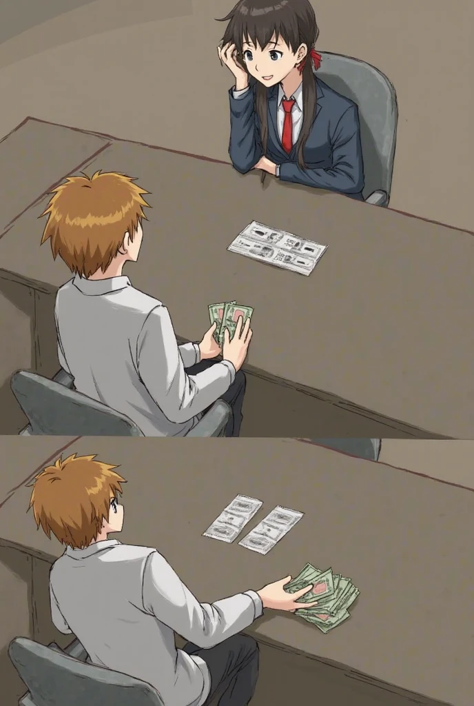 A skinny naked female student with very small breasts is crying and a man is laughing and handing her money.