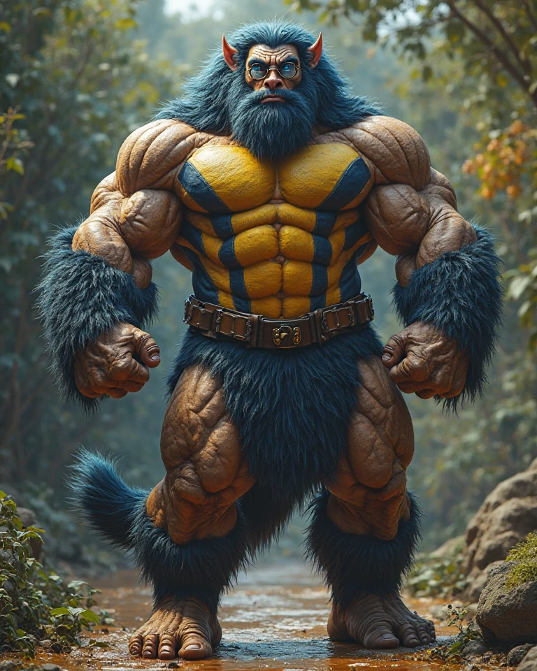 Huge anthropomorphic Incineroar, Pokemon, ((highly detailed body)), hairy body, muscular chest, muscular arms, wild paws with claws, (thick thighs), (wide thighs), muscular thigh, large legs, ((highly detailed face)), ((highly detailed eyes)), ((perfectly drawn eyes)), huge furry tail, (detailed tail), huge furry body, large male body, defined abdomen, large paws, (thick paws), furry paws, huge paws, animal focus, Furry, standing, (larger lower body), strong lower body, ((masterpiece)), ((4K resolution)), ((high quality)), highly detailed image, vision full body, wearing blue shorts, natural light, outdoor scene
