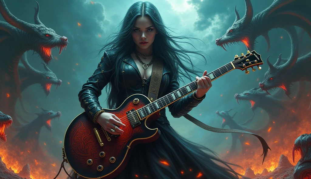 mystical woman, playing a heavy metal electric guitar, is surrounded by an atmosphere of gothic music and fantasy demons, creating a unique sound, that takes listeners to new heights.