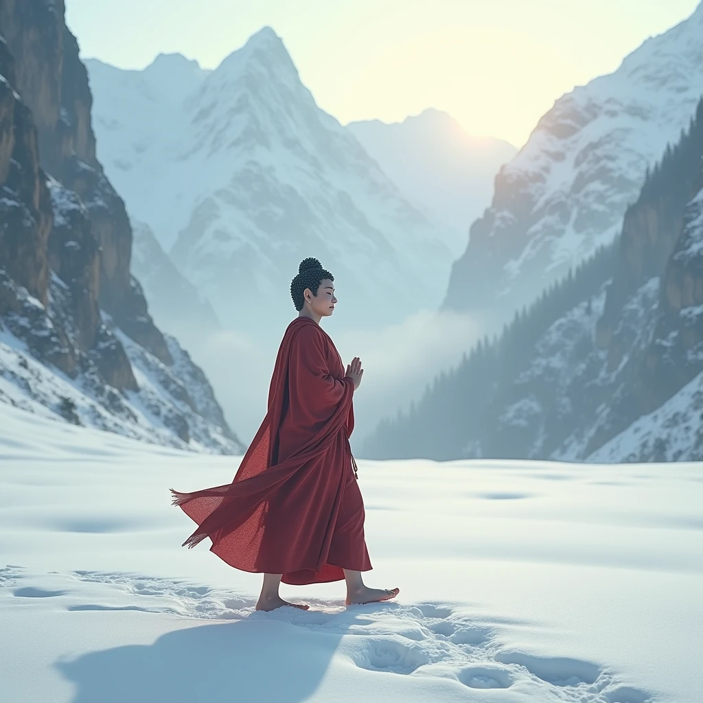 A serene, majestic Buddha figure walking barefoot in a snowy mountain landscape, leaving gentle footprints in the snow. The mountains are tall and jagged, covered in soft white snow and partially shrouded in mist. The Buddha has peaceful facial features, eyes closed in meditation, wearing flowing robes that ripple gently in the cold breeze. The atmosphere is calm and spiritual, with soft morning light illuminating the snowy peaks and casting a warm glow on the Buddha’s face. Highly detailed, cinematic, ethereal lighting, ultra-realistic snow textures, mystical and divine mood. Buddha hair color is black and rob color is red. Buddha's eye is opening