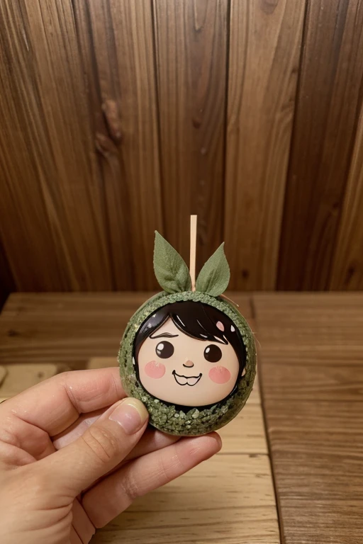 🍙  Design details :
Onigiri character:

Triangle shape with an adorable face (mata besar + big smile + pipi merah).

Nori (rumput laut) at the bottom as an accent of wavy lines.

Ekspresi: Can add sparkle eyes or small tongue for impression playful.

Pola Background:

checkered motif Traditional box (ichimatsu pattern) with soft color (krem + light brown).

Alternatif: Plain background of sage green or dusty pink for contrast.

 Additional Accents :

Imitation chopstick that "menusuk" onigiri (stylized with bold lines).

Small character like:

Rice grain flying (chibi rice grains).

Ikon hati/happy face around.

Palet Warna:

Dominan: Earthy tone (hijau sage, Wood chocolate , krem).

Aksen: Pink for cheeks + black for outline.

✏️ Visual Guide (For Replicated):
Komposisi: Onigiri in the middle, background motif kotak-kotak transparan (low opacity).

Gaya: Flat vector with thin black outline (like a sticker or ren's book illustration).

Typografi: Tulisan "rice balls" (onigiri) atau "Yummy!" di atas/bottom with round font.
