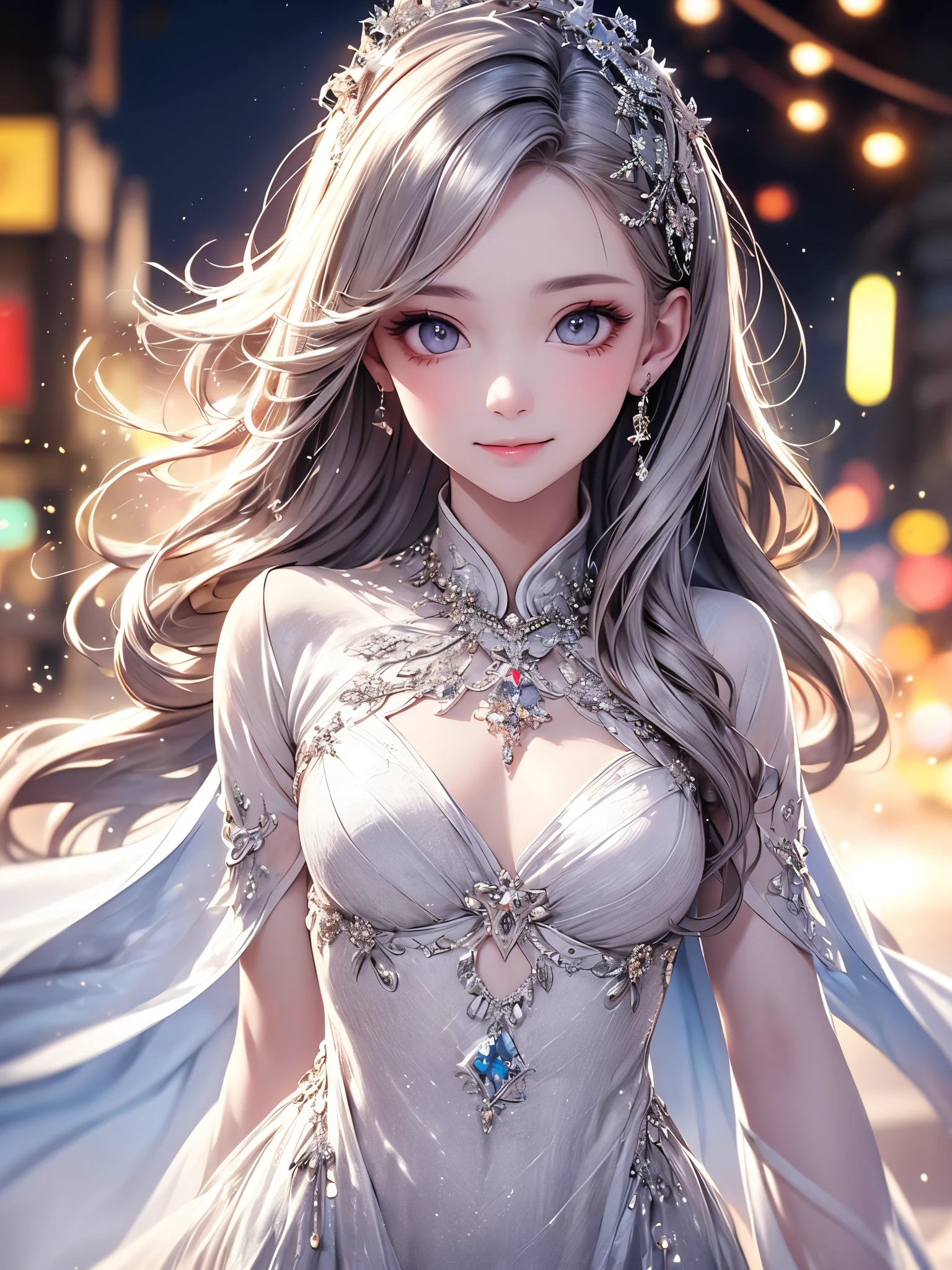 (masterpiece),(4K),High Quality,(small breasts),1 girl, Long Silver Hair ,pale skin,smile, beautifully detailed grey eyes, ( high-definition and elegant ),( white cape let fashion), magical colors and vibes, detailed skin from sleeve to chest,(Cute sparkle), light particles, The background is softly blurry ,Add a dramatic and iconic element to your scene, description boundary ahead of the large end, Bokeh, Silky to the touch , see-through soft costume、beautiful and neat face、 hyper details,creates a dreamy and elegant atmosphere
