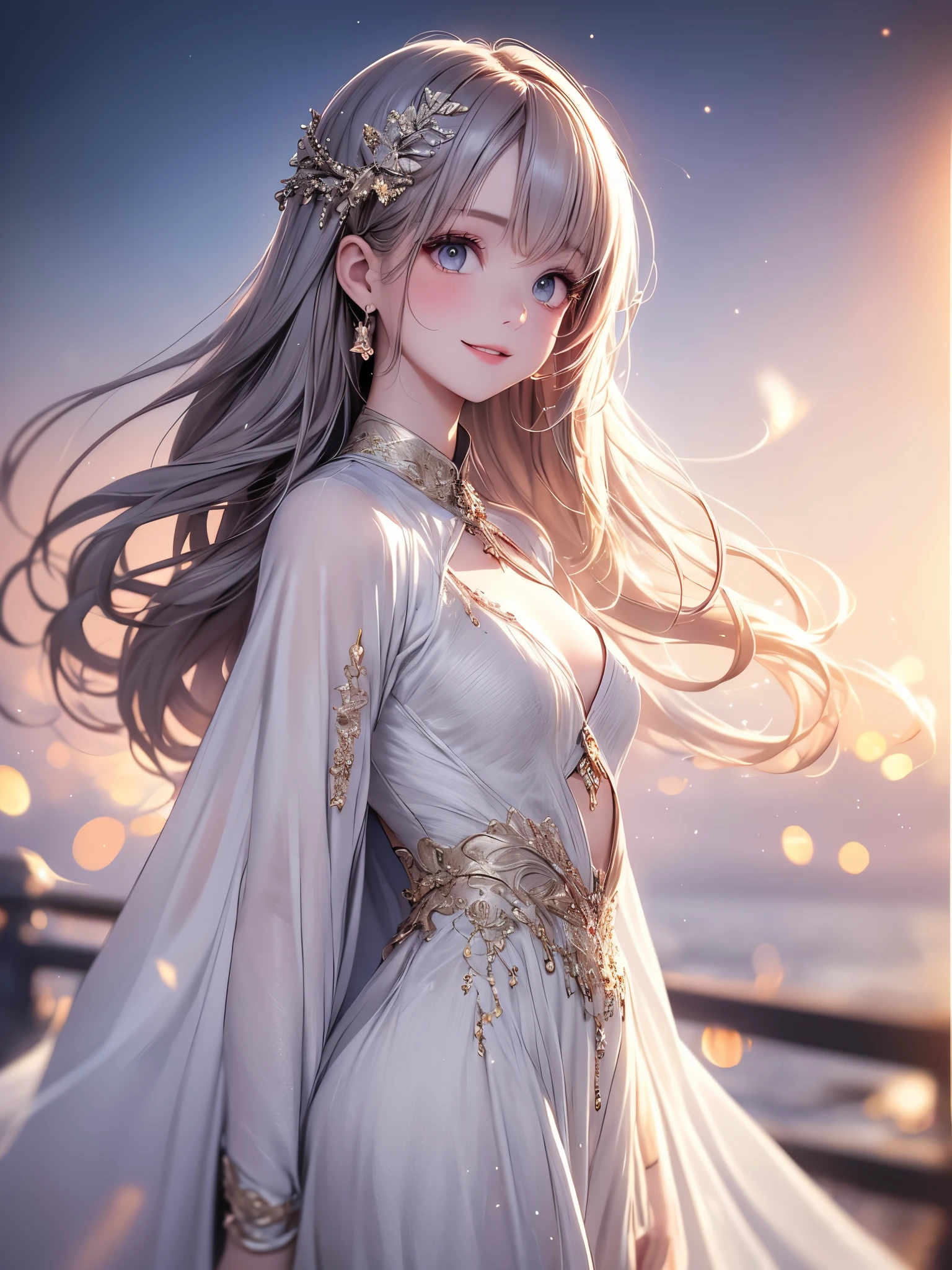 (masterpiece),(4K),High Quality,(small breasts),1 girl, Long Silver Hair ,pale skin,smile, beautifully detailed grey eyes, ( high-definition and elegant ),( white cape let fashion), magical colors and vibes, detailed skin from sleeve to chest,(Cute sparkle), light particles, The background is softly blurry ,Add a dramatic and iconic element to your scene, description boundary ahead of the large end, Bokeh, Silky to the touch , see-through soft costume、beautiful and neat face、 hyper details,creates a dreamy and elegant atmosphere