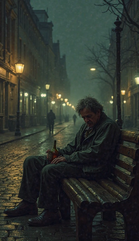 Create an image of a drunkard lying on a bench in a square at night with a bottle of drink in his hand