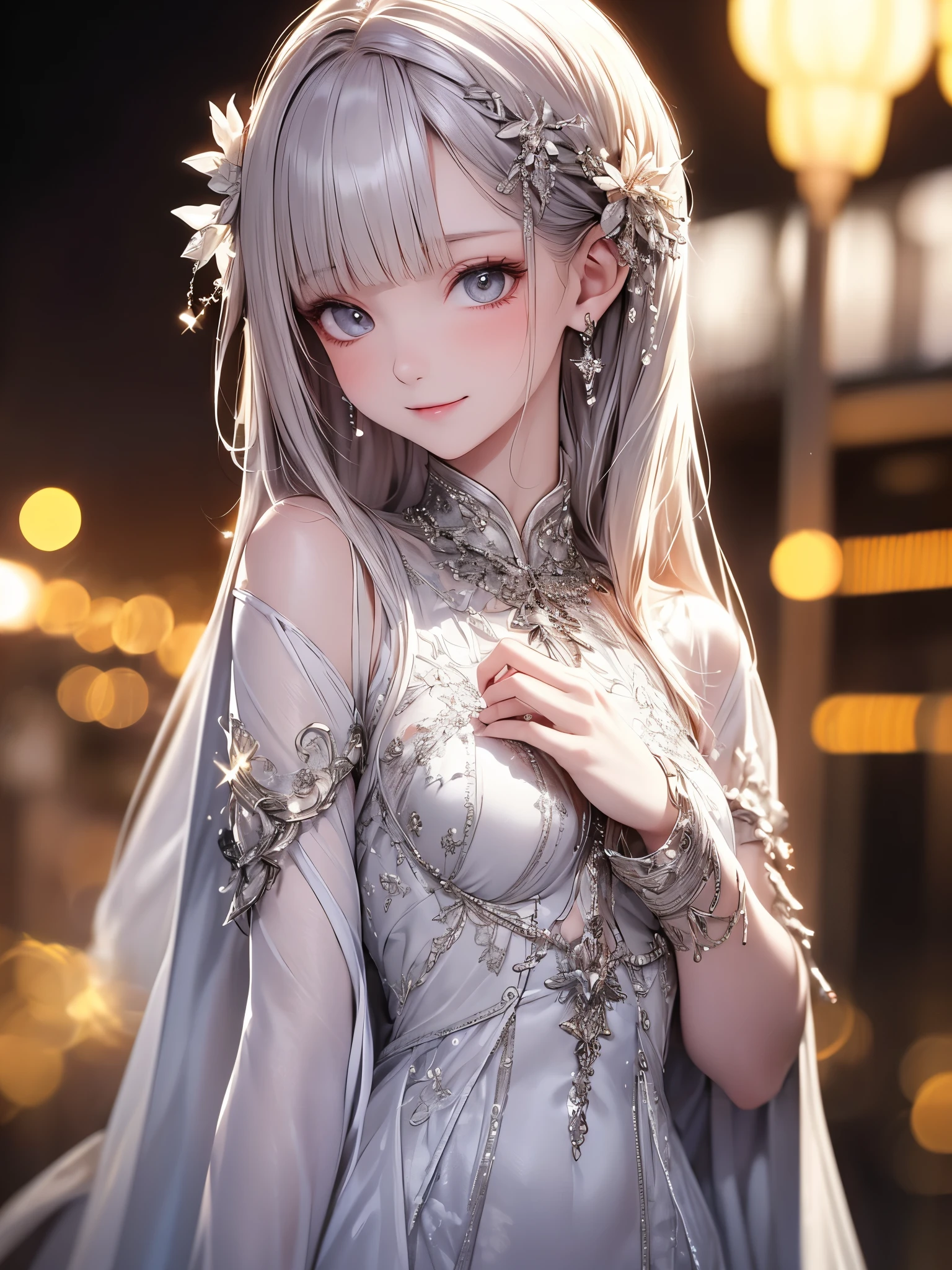 (masterpiece),(4K),High Quality,(small breasts),1 girl, Long Silver Hair ,pale skin,smile, beautifully detailed grey eyes, ( high-definition and elegant ),( white cape let fashion), magical colors and vibes, detailed skin from sleeve to chest,(Cute sparkle), light particles, The background is softly blurry ,Add a dramatic and iconic element to your scene, description boundary ahead of the large end, Bokeh, Silky to the touch , see-through soft costume、beautiful and neat face、 hyper details,creates a dreamy and elegant atmosphere