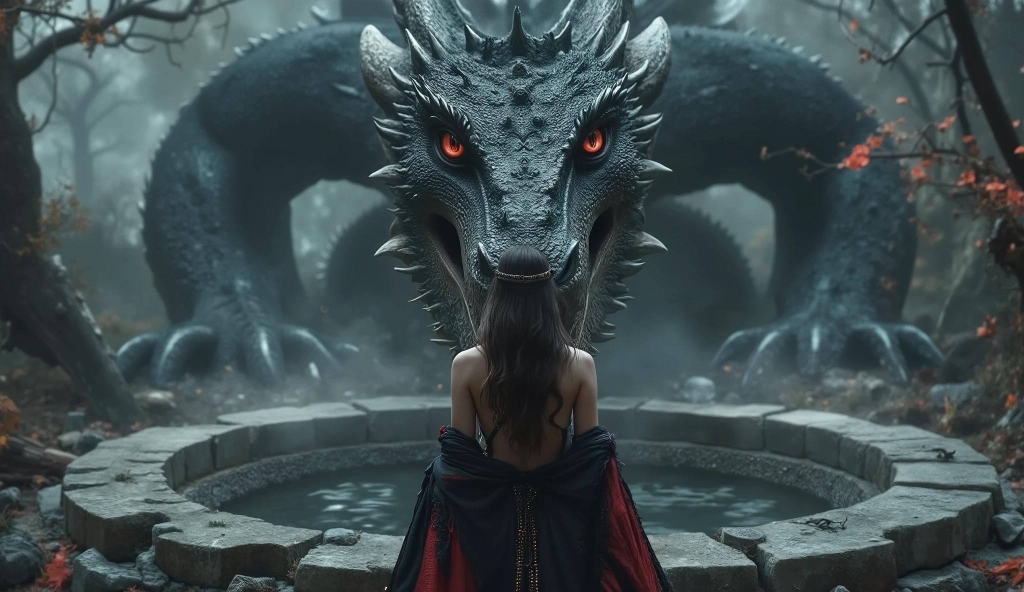 A gothic enchantress inspired by Megan Fox — pale luminous skin, deep blue eyes with a glint of danger, dark full lashes, long black wavy hair flowing down her bare shoulders. She wears a flowing black and crimson silk cloak barely held over her curves, revealing glimpses of her hourglass figure beneath. She stands before a massive stone circle surrounded by gnarled trees and bones scattered in the mist. The ground cracks as a colossal dragon emerges from the fog — obsidian-black scales, glowing ember eyes, smoke curling from its nostrils. Moonlight pierces through the fog, reflecting off the dragon’s wings. Her face shows no fear — only a bewitching, seductive awe. — gothic fantasy, high detail, 16:9, moody lighting, cinematic.