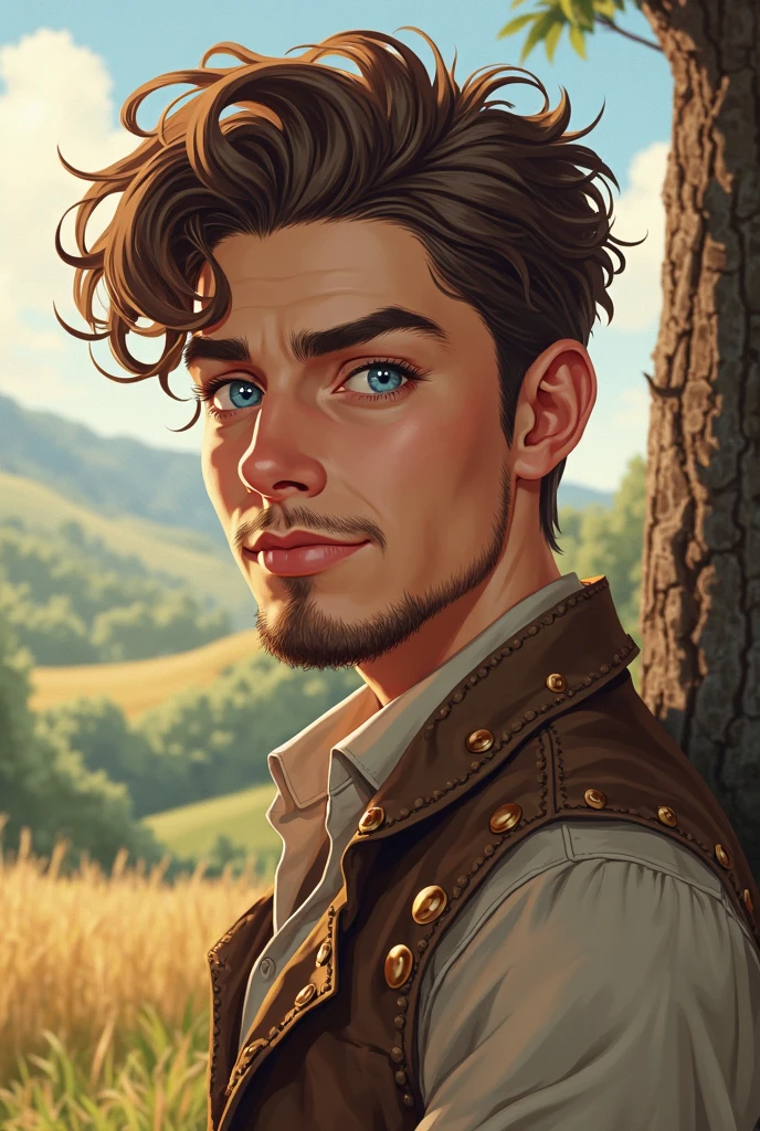 Handsome anime young man with brown curly hair, blue grey eyes, facial hair, wearing country clothing