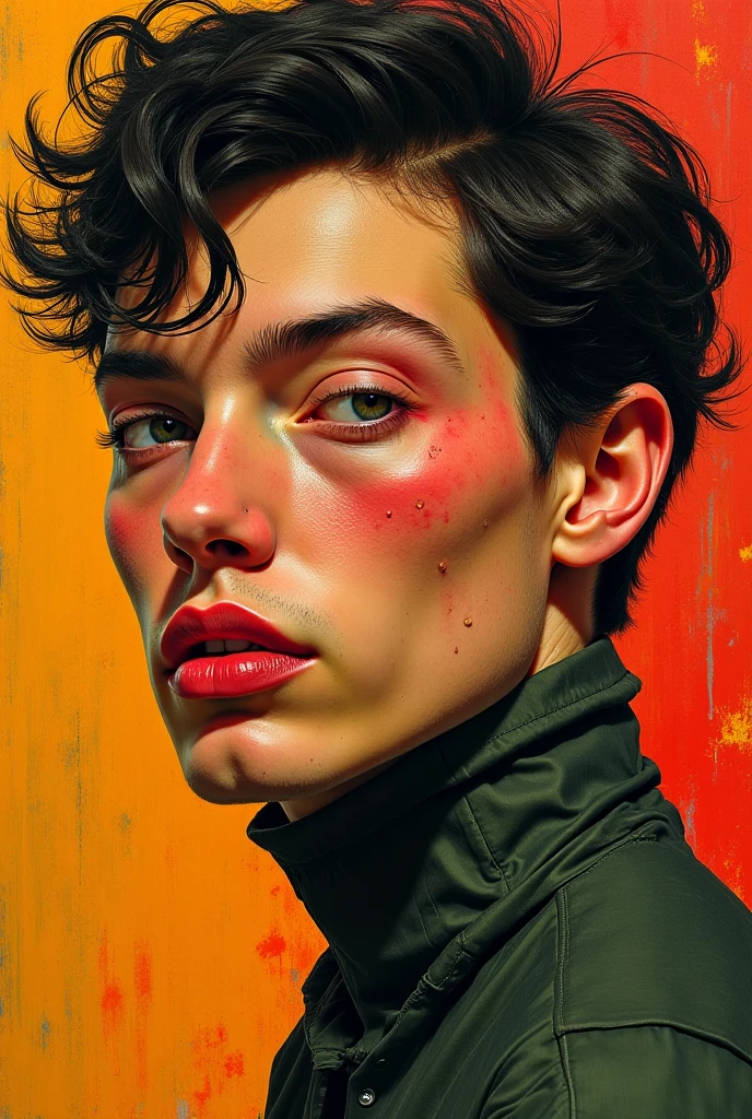 I want you to generate portraits of the same series exploring different emotional contrasts, symbolic distortions, or color moods. But more and different emotions and inspired by Francis Bacon and Egon Schiele 
With  bravery as visible emotion and  anxiety as hidden emotions 