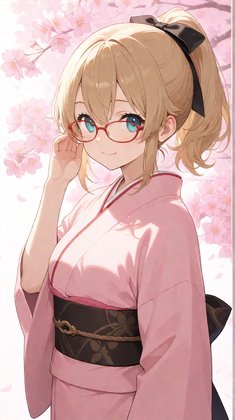 glasses、ponytail、Cherry blossom background