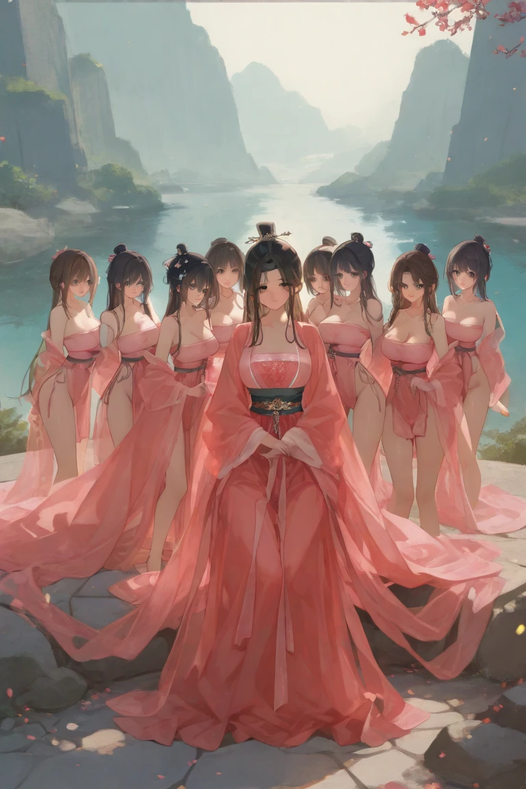 (masterpiece), best quality, extremely detailed, formal art, beautiful and aesthetic, sitting down, legs spread, hands behind head, fingers spread, red lingerie, surrounded by a large group of people. --auto