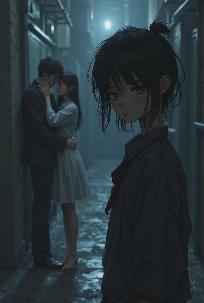 I want you to make a photo of a sad scene  of a girl standing in the way and the other way they're standing her ex and her friend together