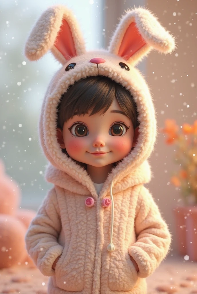 
          Q-version cute little girl doll wearing bunny ears hat and scarf. Cute 3D cartoon style. Accurate anatomy. Extremely detailed texture. Cartoon character. Clear and detailed animation. High-quality cartoon character. High-quality realistic.
           