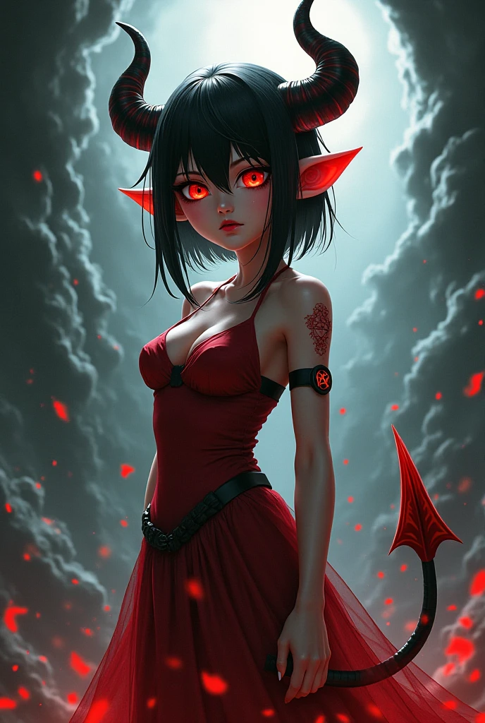 White skin, horror, short black hair with pink and blue, slim, Long ears, Arabic (falda Arabic), anime, beautiful, Short witch outfit, malignant aura, dragon wings, body with scales and feathers, Energy ball, casting sorceress spell, Pink lust eyes with gold with red drops coming out, innocent face, evil spell, dark pink aura, seductive pose, standing ass, tail up,camel lip in the crotch, His eyes are large with red drops coming out and expressive, Resplendent irises of black tones and bright colors, very red rain with red moon