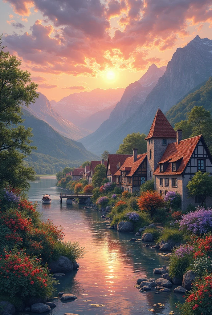 A small village by the river, mountains in the background, colorful flowers, detailed landscape style, beautiful natural scenery, atmospheric lighting,  scorching sunset ,  warm colors, practical, photographic, detailed foliage, complex buildings , cobblestone street, charming country house, vibrant colors, lush vegetation, reflections in the water, pitoresco, idyllic, work of art, Best Quality, 8k, extremely detailed, anime style
