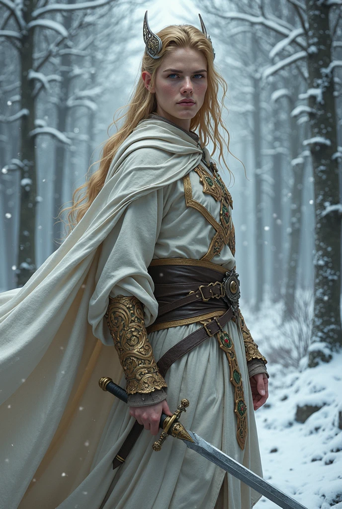 male elf, young, very long golden hair, sorcerer, swordmage, pale, beautiful, holding short one hand sword, front image, light armored robes, cloak, crown, noble, cold forest