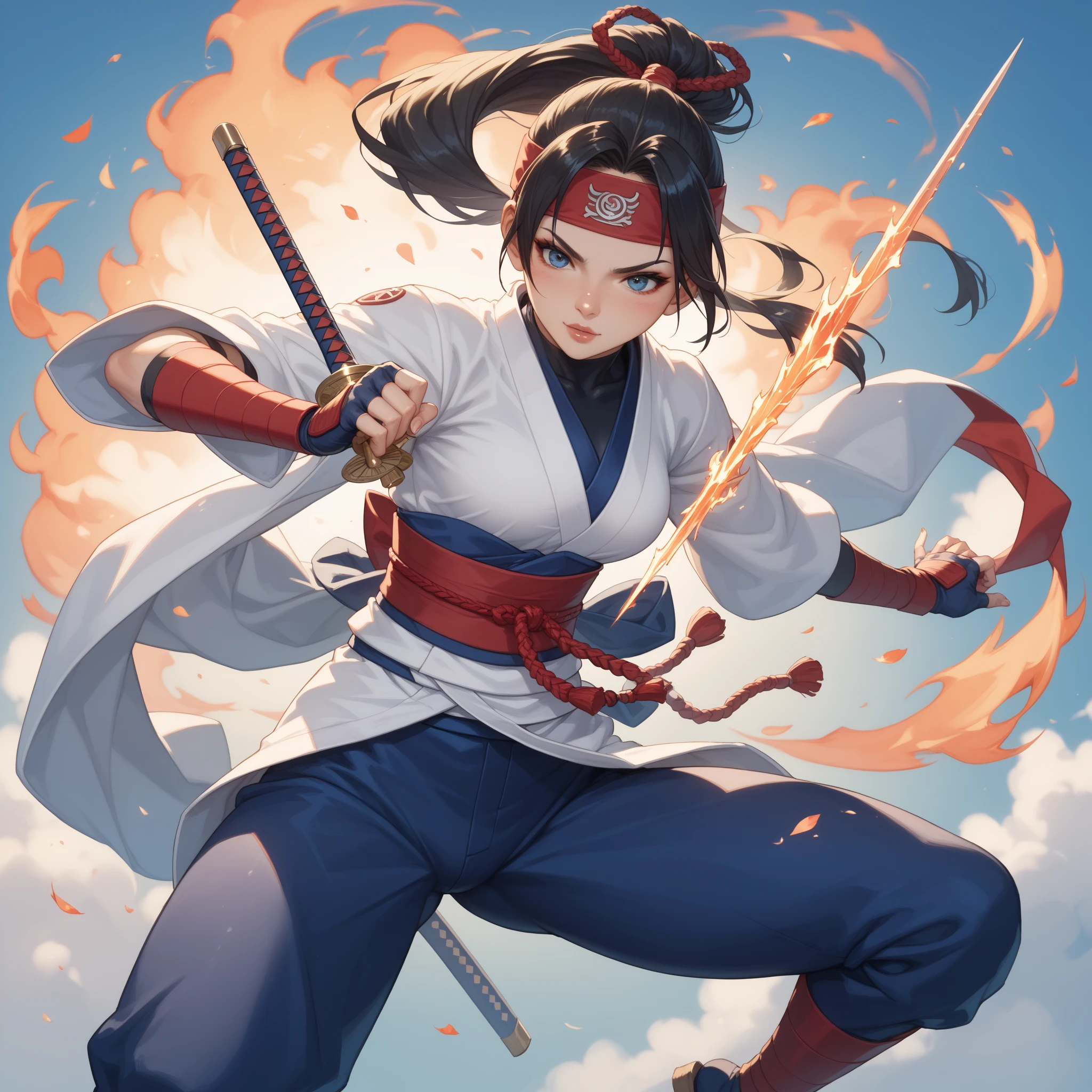 The Art of Fire、((Female Ninja vs. Samurai))The Final Battle、Samurai are prepared to draw swords、Ninjas wear fire all over their bodies、One-on-one battle、arenas in battle、 tense expression