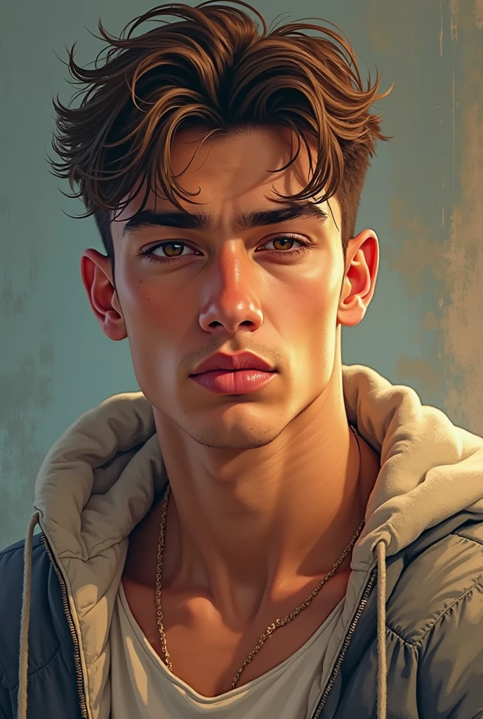 Spanish 19 year old high school boy, with distinctive  features, muscular build,  with brown hair 