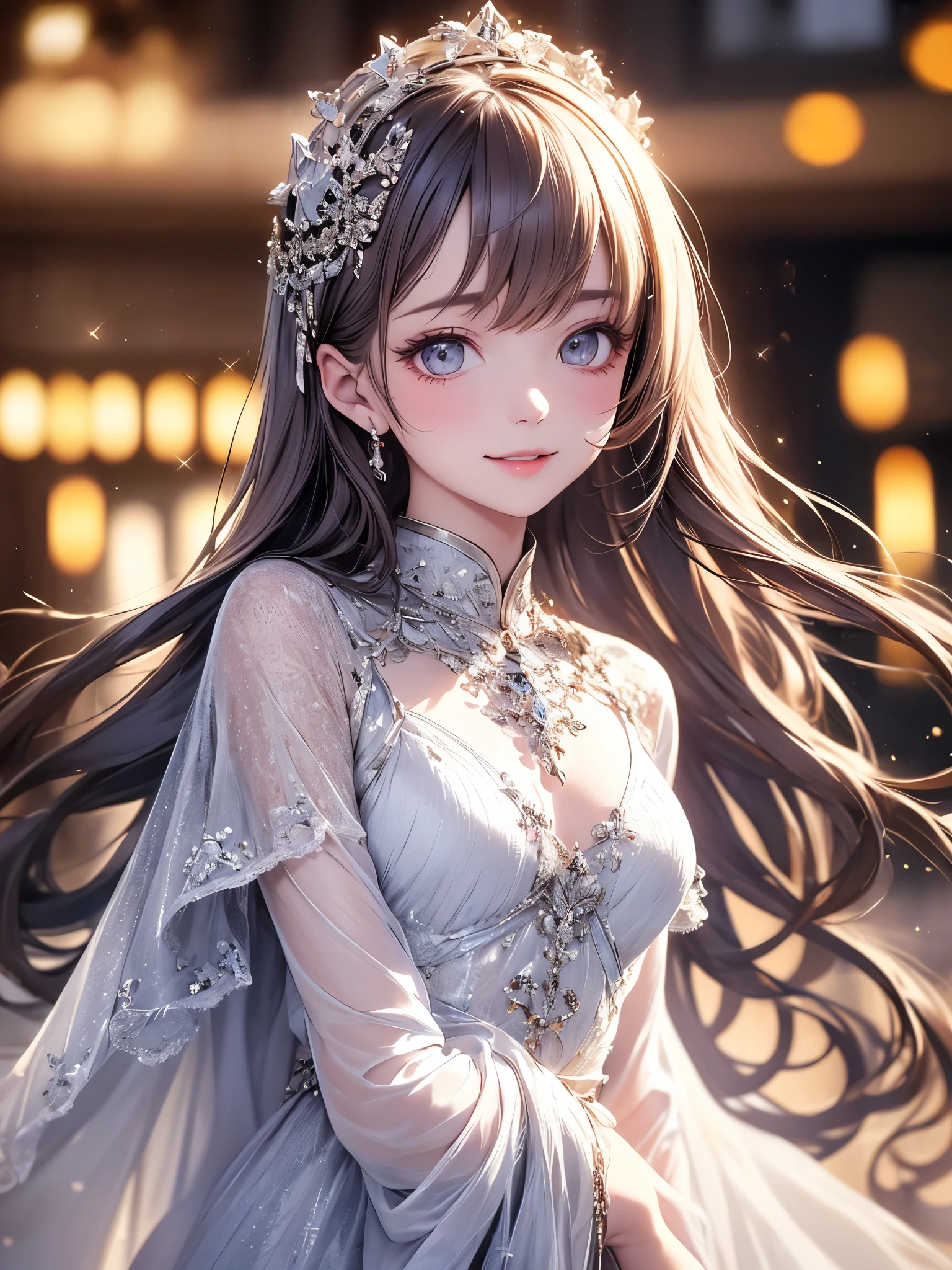 (masterpiece),(4K),High Quality,(small breasts),1 girl, Long Silver Hair ,pale skin,smile, beautifully detailed grey eyes, ( high-definition and elegant ),( white cape let fashion), magical colors and vibes, detailed skin from sleeve to chest,(Cute sparkle), light particles, The background is softly blurry ,Add a dramatic and iconic element to your scene, description boundary ahead of the large end, Bokeh, Silky to the touch , see-through soft costume、beautiful and neat face、 hyper details,creates a dreamy and elegant atmosphere