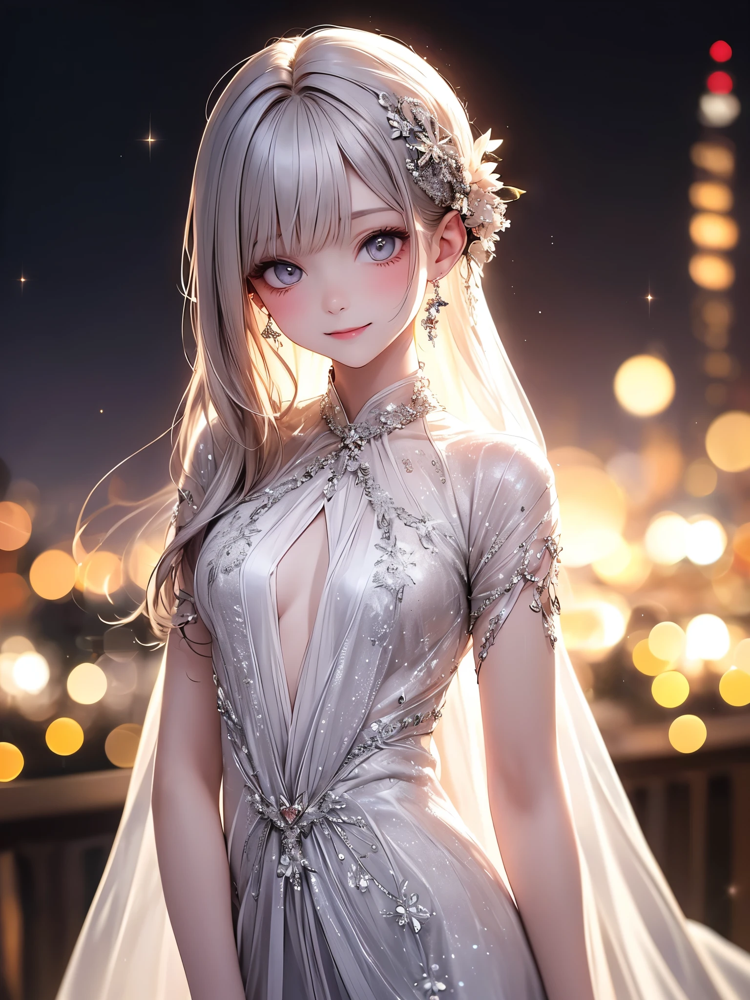 (masterpiece),(4K),High Quality,(small breasts),1 girl, Long Silver Hair ,pale skin,smile, beautifully detailed grey eyes, ( high-definition and elegant ),( white cape let fashion), magical colors and vibes, detailed skin from sleeve to chest,(Cute sparkle), light particles, The background is softly blurry ,Add a dramatic and iconic element to your scene, description boundary ahead of the large end, Bokeh, Silky to the touch , see-through soft costume、beautiful and neat face、 hyper details,creates a dreamy and elegant atmosphere
