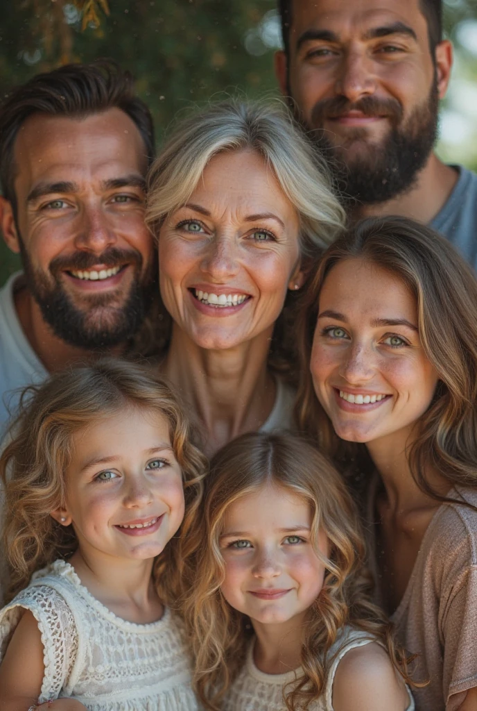 A family consisting of a grandmother, a young mother, three daughters, one of them a teenager, and a handsome father, realistic photo type