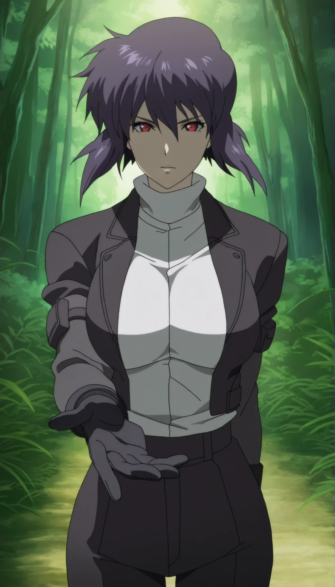 masterpiece, best quality, amazing quality,, motoko kusanagi, kusanagi motoko, short hair, large breasts, red eyes, purple hair, anime screencap, gloves, formal suit, open jacket,, white shirt, , nature, pants, , fresh air, , reaching towards viewer, ,,,[reaching at viewer],,,, solo,, cowboy shot, solo