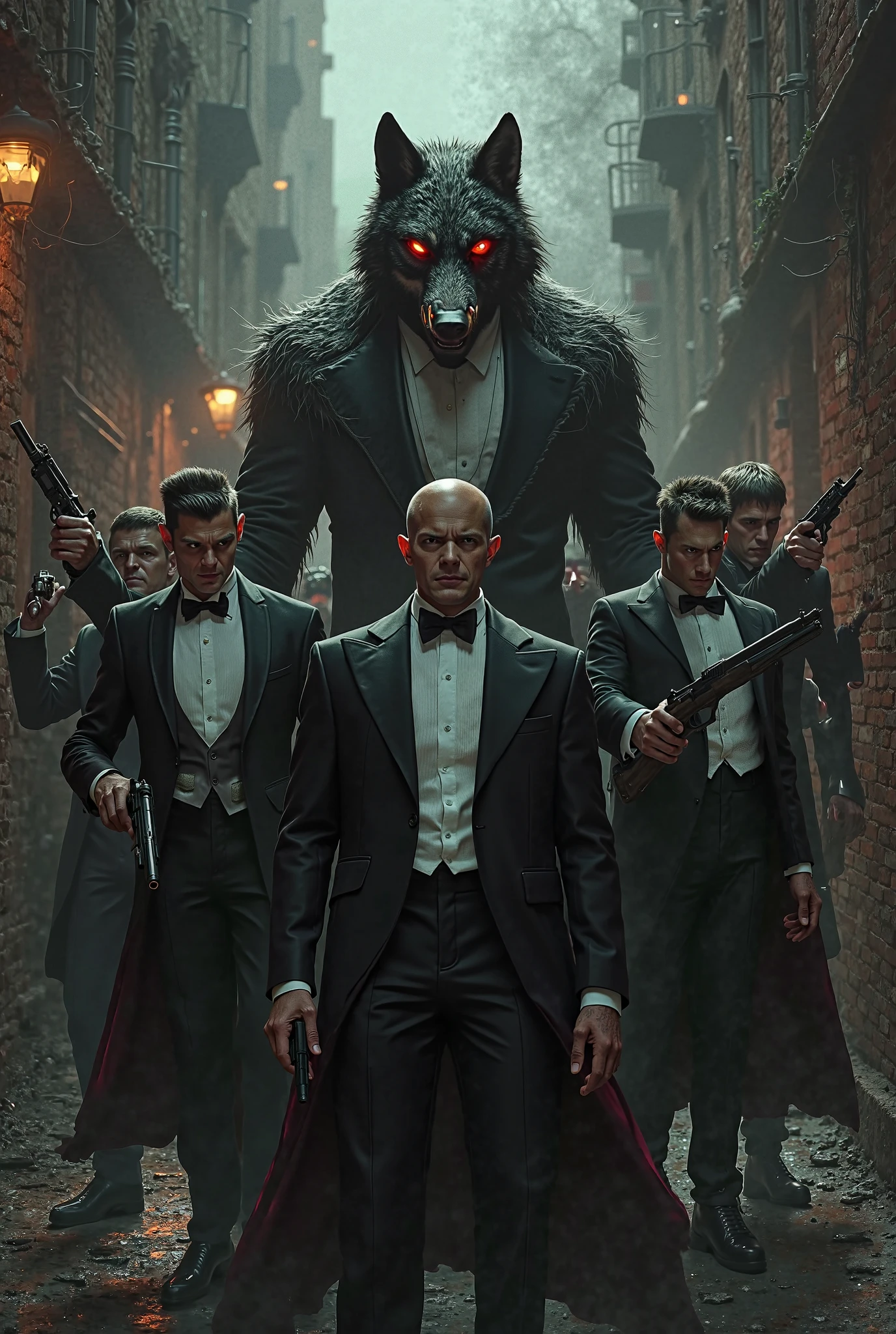 A gang in tuxedos, a wolf's head and firearms in a fight