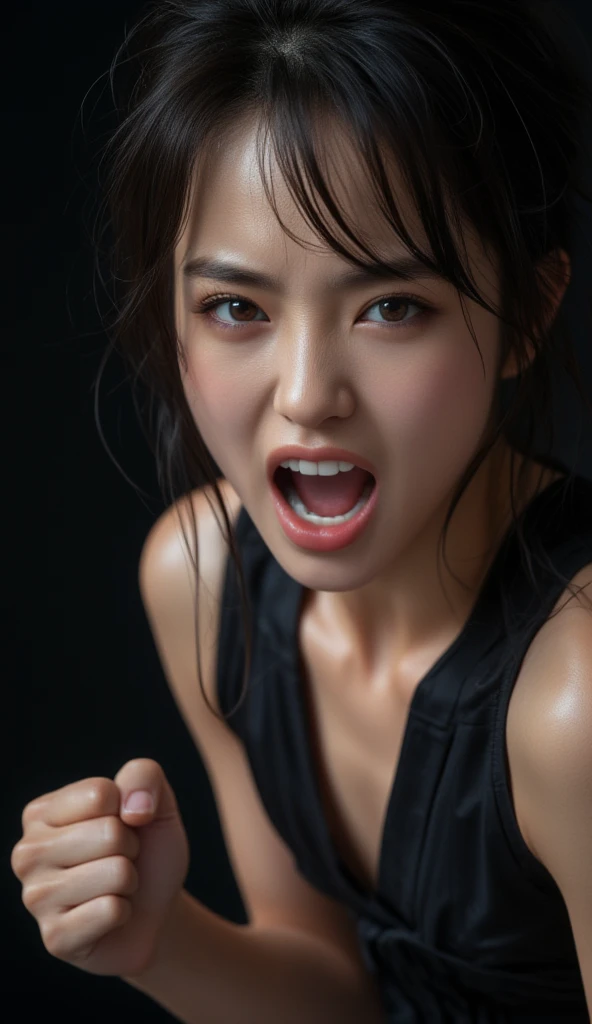there is a woman in a black bra top holding a plate of food, sweaty 4 k, sweating intensely, muscular and exhausted woman, still from a music video, sweating, muscular sweat lara croft, sweaty face, very sweaty, with arms up, fierce expression 4k, her face flushing and sweat, sweaty abs, sweating hard, qiyana