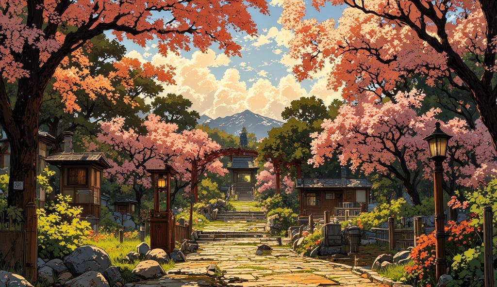 "A peaceful Japanese garden at golden hour, sunlight streaming through delicate cherry blossom petals drifting in the breeze. Intricate stone lanterns line a moss-covered pathway leading to a red arched bridge spanning a koi pond, where fish with shimmering scales ripple the water. Surrounding trees in full sakura bloom frame a distant pagoda, with distant mountains veiled in soft mist. Tiny details like carved kanji on stones, bamboo water fountains dripping rhythmically, and a kimono-clad woman performing a tea ceremony under a wooden gazebo. Soft pastel palette, painterly brushwork, ultra-detailed 5K resolution, tranquil and deeply immersive."