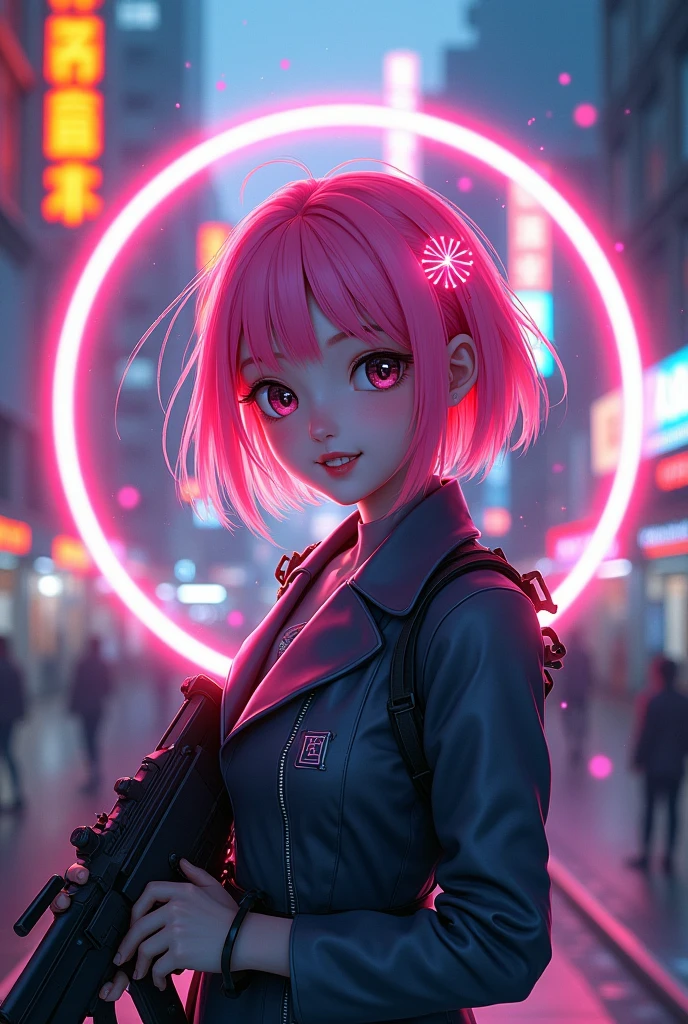 Prompt: Super realistic style, highest image quality. A smiling girl has bright pink short hair and is wearing an LED light hair ornament. She wears a suit with a futuristic design and carries a cyber weapon. The background has simple urban colors, and inside the circle is a double exposure of a neon-lit cyber city scene. The camera approach is from a high angle, emphasizing dynamic poses, adding lighting effects, and digital effects scattered around. 