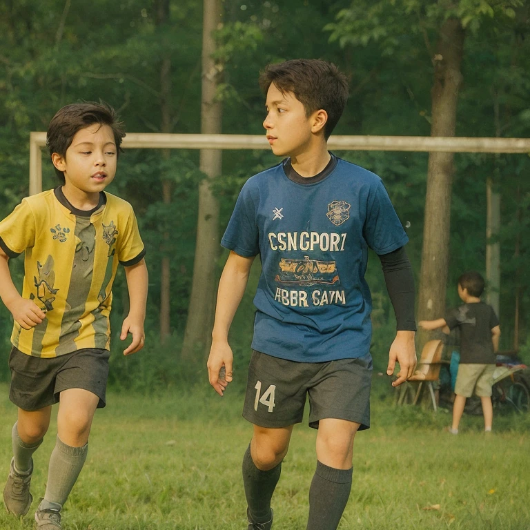 three male children, at 12 years old, detailed perfect face, 4K image, sportswear, looking for treasures in the middle of the forest, metal detector, you are clear, gold bullion.