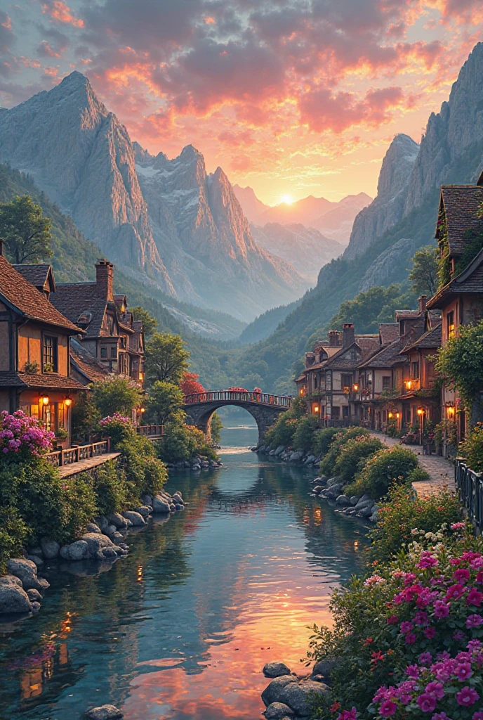 A small town by the river, mountains in the background, colorful floral flowers, detailed landscape, beautiful natural landscapes, atmospheric lighting, scorching sunset, warm colors, practical, photographic, detailed foliage, complex buildings, cobblestone street, charming country house, vibrant colors, lush vegetation, reflections in the water,  picturesque, idyllic, artwork, best quality, 8K, extremely detailed, anime style