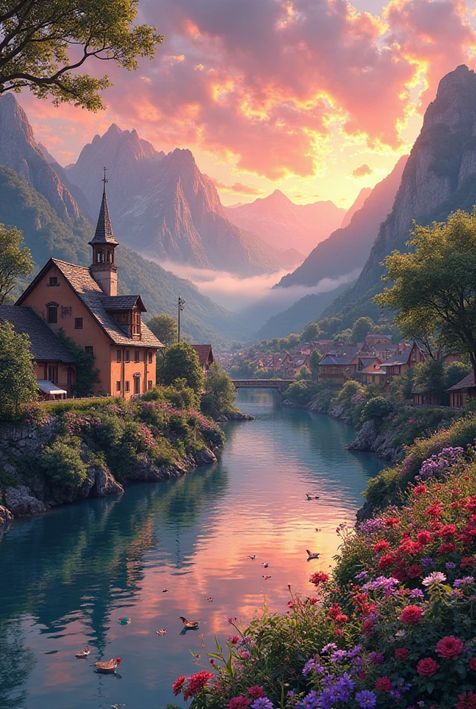 A small town by the river, mountains in the background, colorful floral flowers, detailed landscape, beautiful natural landscapes, atmospheric lighting, scorching sunset, warm colors, practical, photographic, detailed foliage, complex buildings, cobblestone street, charming country house, vibrant colors, lush vegetation, reflections in the water,  picturesque, idyllic, artwork, best quality, 8K, extremely detailed, anime style