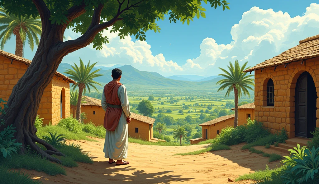 comic book illustrator with defined lines and shaded areas
 Semi realistic character  Middle eastern men
Mud brick village house rustic hut palm trees

Digital Painting with Semi-Realistic Illustration, use bright colours, a highly detailed ultra HD, 4K cinematic image. A peaceful South Asian village surrounded by green fields and hills. Mud-brick houses, narrow winding paths, and distant city lights barely visible. A young man (Hasan) standing calmly under a tree, far from the city's chaos.