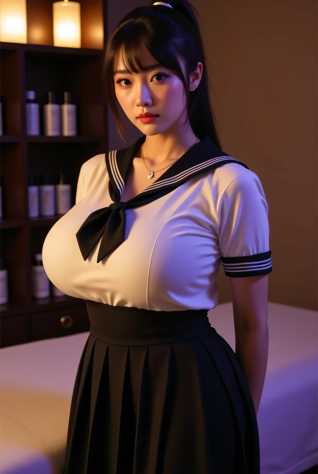 Highest quality, photo realistic, high resolution, masterpiece,
Super beautiful Japanese mature woman, 50years old, her job is a masseuse, looks like a intimidating dominatrix, closed mouth, condescending gaze, charm with gaze, staring at the viewer, long false eyelashes, makeup, short ponytail, big breasts,
Sailor uniform, sailor costume, tight-fitting short sleeves, pleated skirt,
Dimly lit high-end massage salon with an adult atmosphere late at night, massage bed, lotion bottles lined up on wall, detailed background
Candle lighting, easy-to-see color lighting, colorful to keep.