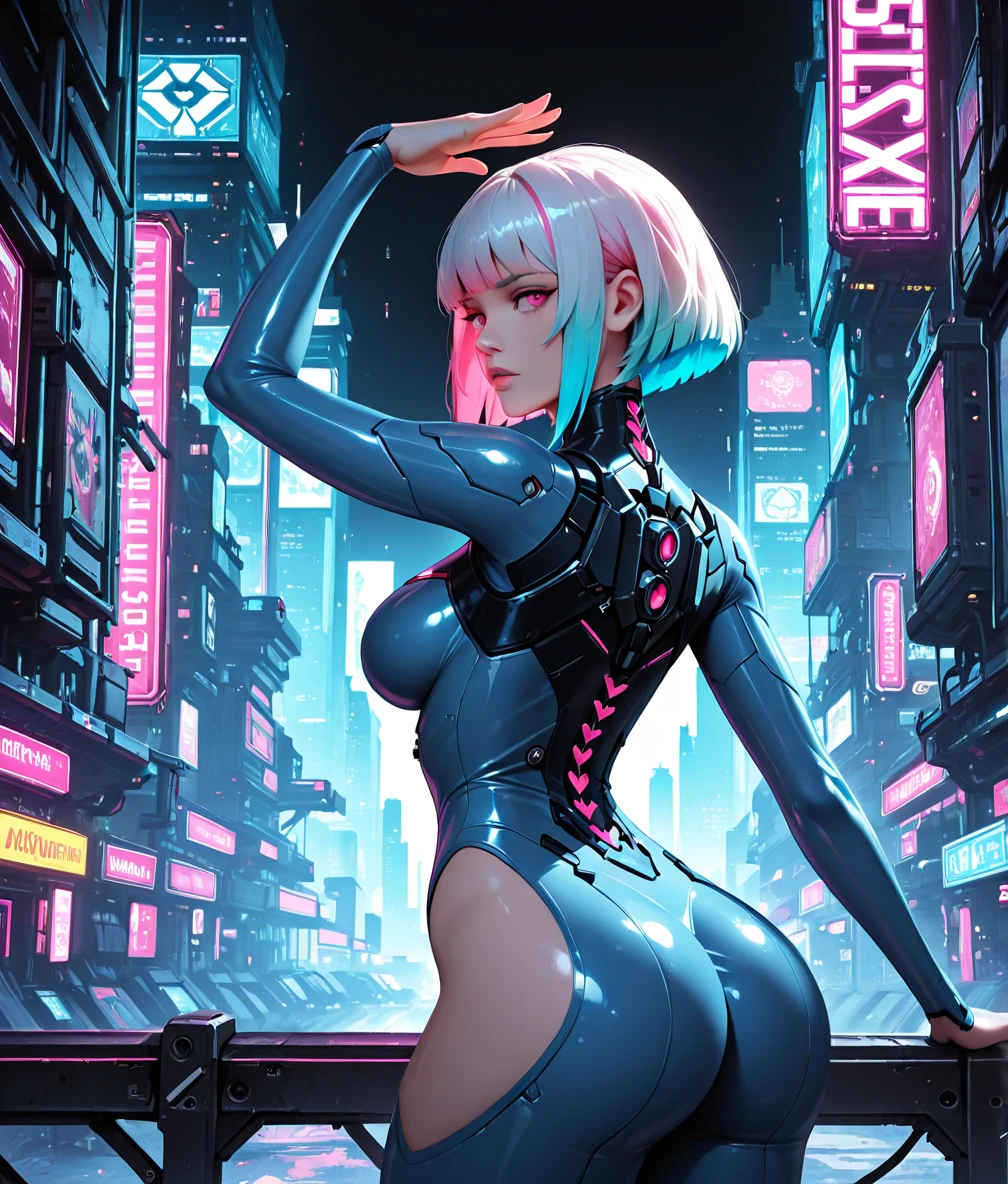 high-tech aesthetics, 1girl, female, Eat, Breasts, white   hair, short   hair,   pink eyes  , looking back, multicolored   hair, pink   hair, large Breasts, medium Breasts , blue   hair,    hair, bodysuit, looks at the viewer, Duration, cyberpunk, , science fiction, shining,   city, Machine, One, white background,   hair,   cybernetics   ,   digital media   (artwork), является pose, clarification:safe, masterpiece, Best quality, very aesthetic, absurdress, front view 