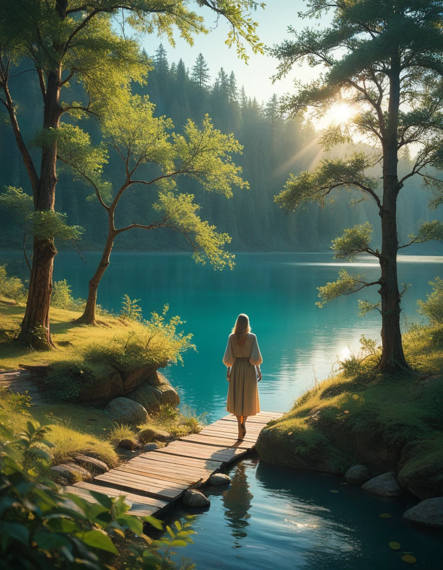 Woman reads a book by the lake, bright colors, spring, willow branches, comfort, warm sunlight