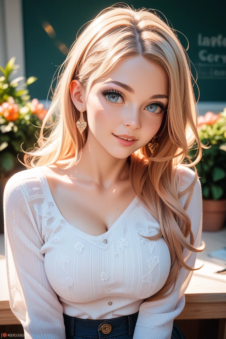 ((NSFW:1.3)), (highest quality, 4k, 8K, High resolution, masterpiece:1.2), Super detailed, (realistic, photorealistic, photo-realistic:1.37), (fine and beautiful eyes, beautiful detailed lips, highly detailed eyes and face:1.5), (environmental lighting:1.5), Physically based rendering, bright colors, (cowboy shot), (big breasts, super big , super extra big breasts:1.5), (abnormally huge enormous breasts),nude, (natural smile:1.5), (blonde and green hair color, hair blowing in the wind, shiny hair, shiny skin), (garden, blurred background:1.37), (incline one's head to the side:1.5),