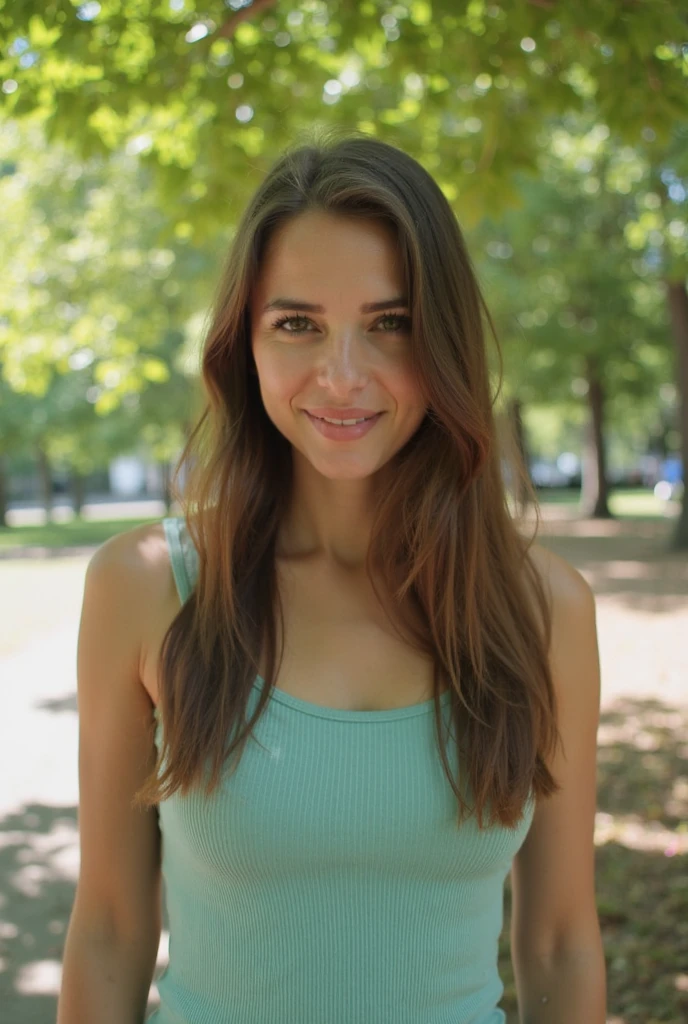 melhor qualidade, Alto, Realista:1.37), HDR, ult a very sexy woman very beautiful long hair half blue and half green eyes with red hair very detailed lips very detailed teeth a very beautiful smile a look for running in the European park very detailed beauty 21 years old
