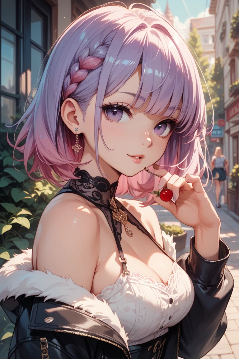 Very detailed, Seductive erotic woman sweating, Breasts covered in rose petals, (Big Breasts, pink/Blue Hair), Focus on the face, Focus on the face, Complex eyes,