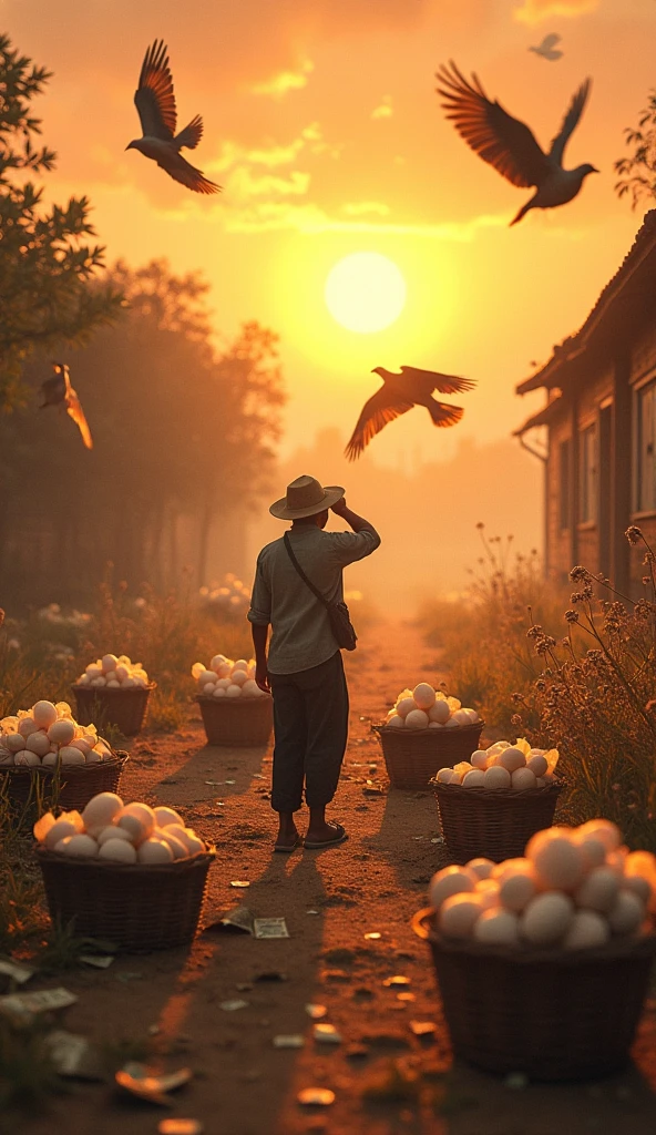 "A dynamic scene: a farmer in Vietnam setting up a quail farm with 500 Coturnix japonica quails, surrounded by ticking clocks and a rising sun, egg baskets and money stacks growing, urging urgency and immediate opportunity."