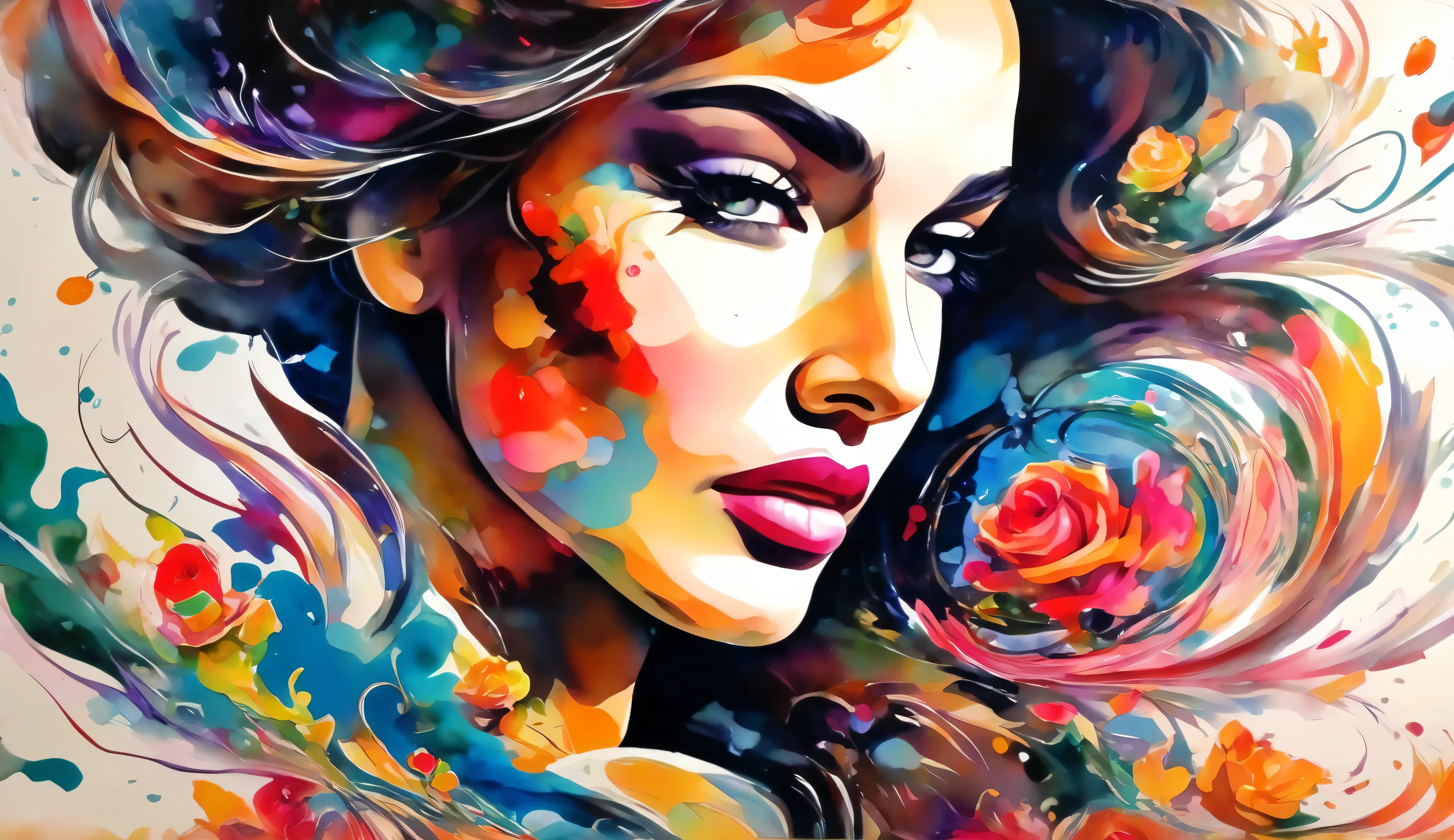 A mystical woman in a, dress with a swirl pattern, her body merging perfectly with a vibrant abstract pattern of splashes. In front of you is a vibrant garden with delicate flowers, She delicately touches a rose. Your jewels sparkle with intricate floral motifs while a dynamic explosion of swirling brushstrokes frames your presence., A dinkfsn style ink painting,