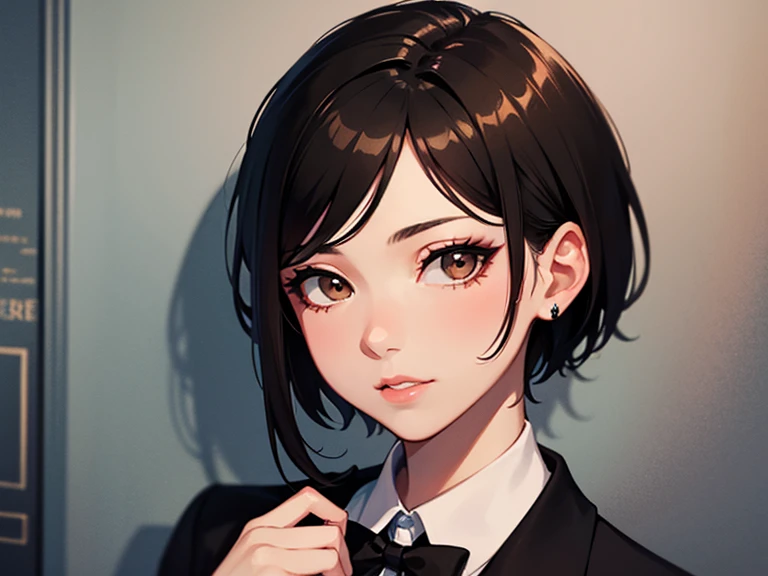 Trans Girl, Formal, Latina, Short Hair, Black Hair, Medium Build, Brown Eyes, Portrait. 