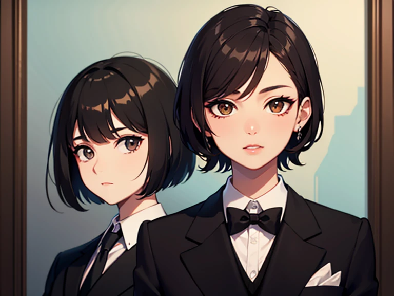 Trans Girl, Formal, Latina, Short Hair, Black Hair, Medium Build, Brown Eyes, Portrait. 