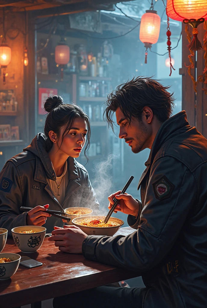 An image of Valorant's SOVA agent eating a plate of ramen with his partner DeadLock from Valorant