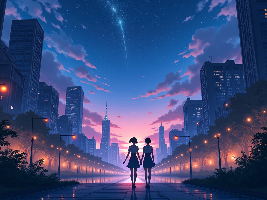 A beautiful and relaxing picture of a night city anime style