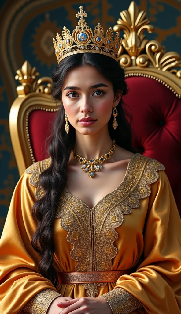 Ancient royal background in arabic, 1girl, queen standing reading letter, her crown sparkles, silk dress in gold embellished Solo, ???????, High Resolution, det, palace view,  luxurious interior , afternoon sunlight,  crystal chandelier , carpet rug, ukiran emas, wall painting, concept artist illustration, digital painting, fotografi, warm colors