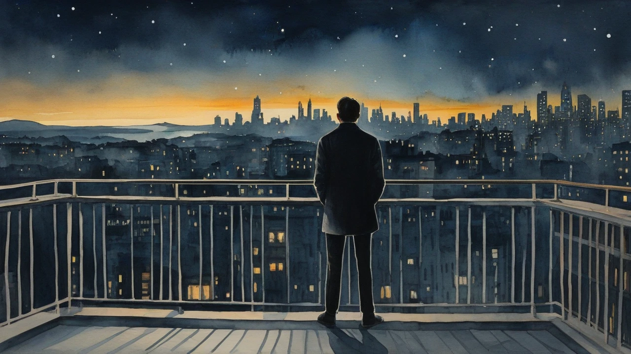 A person standing on a balcony, gazing at the lights of the city, thinking about their future.surrealist art style combined with smudged watercolor paint. The scene is a bit dark.
