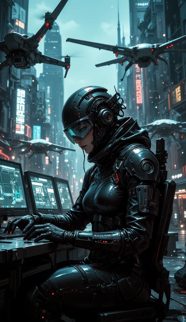 ( masterpiece, high quality, ultra-detailed,  masterpiece, Top Quality, film particles, ultra-detailed, photography, Emotional, explicit, , the expression of an orgasm, Focus on big , surreal, Concept map, dark theme), drone squadron shooting at a target against the backdrop of a futuristic city. The moment a woman is sitting in a dark room，Surrounded by monitors，Remotely controlled drones. 她戴着cyberpunk风格的头显, goggles and electronic combat suit, and many wires are connected from her gloves to a. cyberpunk, Future battlegrounds, Drone Warfare