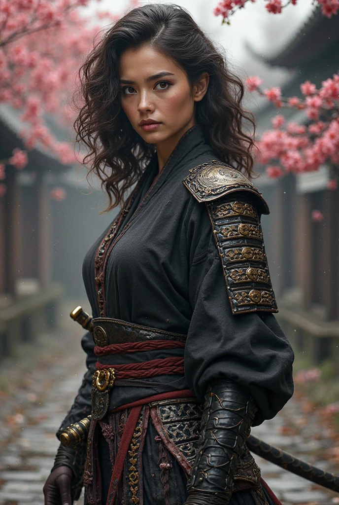 A samurai wufe with dark brown curly hair and round shape face with brown eyes with black eyeliner