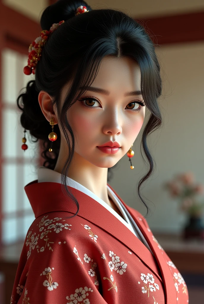 A realistic samurai wife with dark brown curly hair and round shape face with brown eyes with black eyeliner 